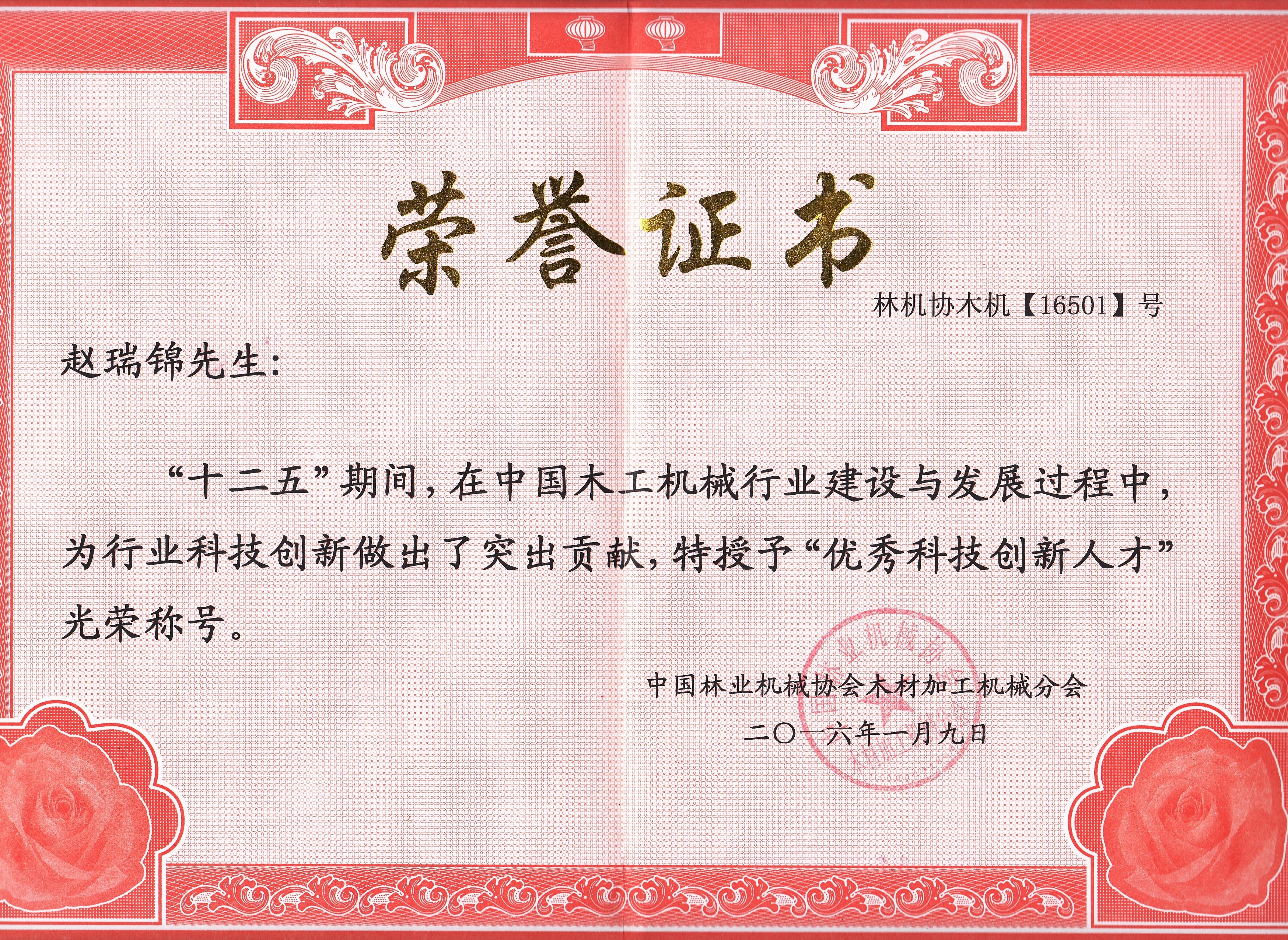 中国木工ld体育（中国）有限公司行业优秀科技创新人才2016年度